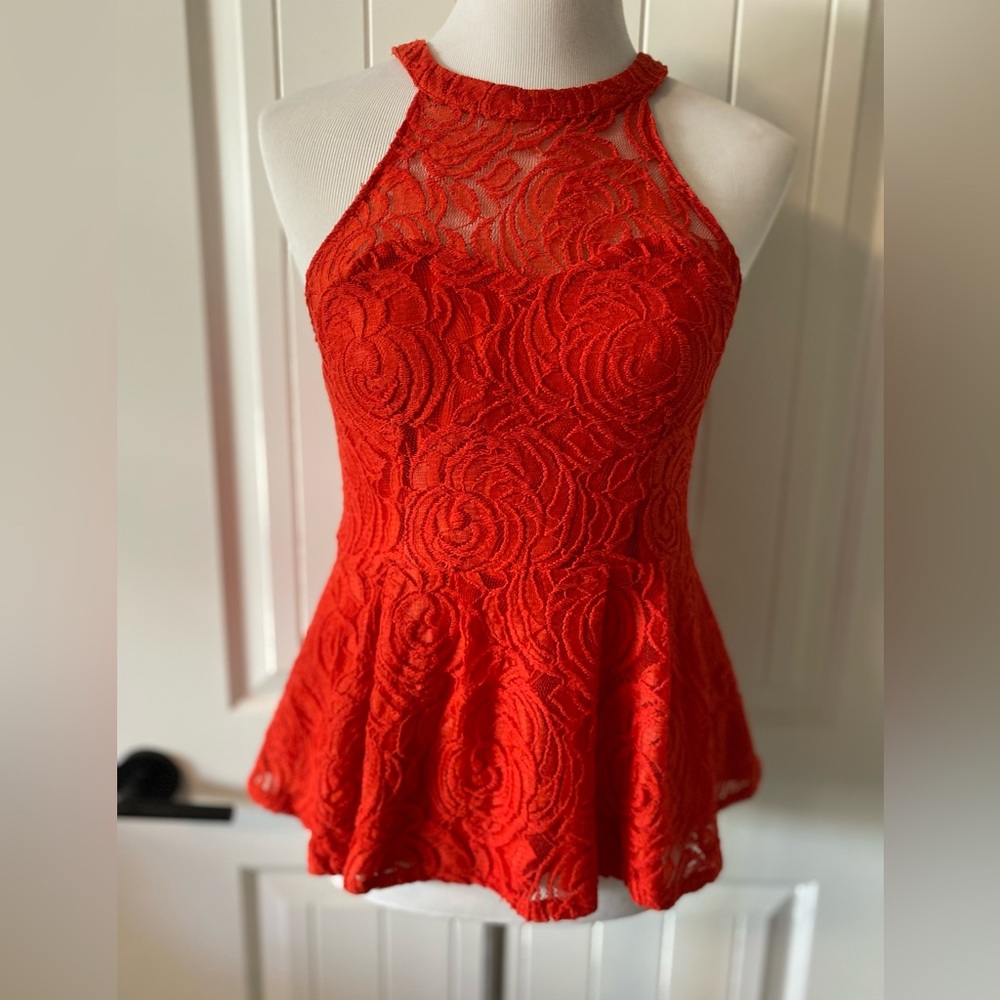 Ambar Women’s Red Lace Peplum Halter Top Size M